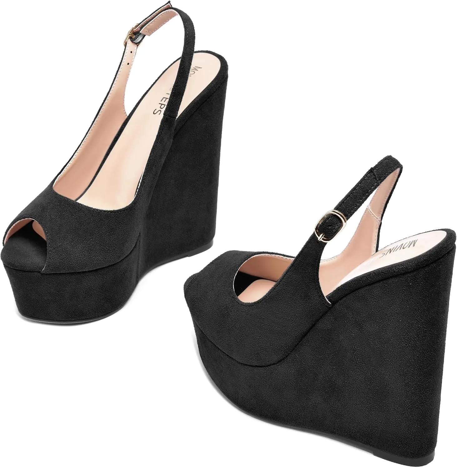 MOVINSTEPS Womens Platform Wedding Buckle Peep Toe Slingback Solid Dress Suede Wedge High Heel Pumps Shoes 6 Inch