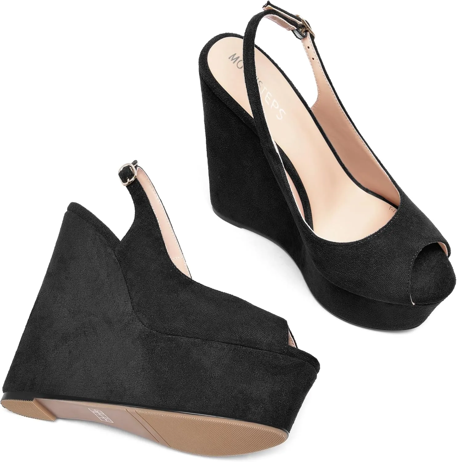 MOVINSTEPS Womens Platform Wedding Buckle Peep Toe Slingback Solid Dress Suede Wedge High Heel Pumps Shoes 6 Inch