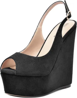 MOVINSTEPS Womens Platform Wedding Buckle Peep Toe Slingback Solid Dress Suede Wedge High Heel Pumps Shoes 6 Inch