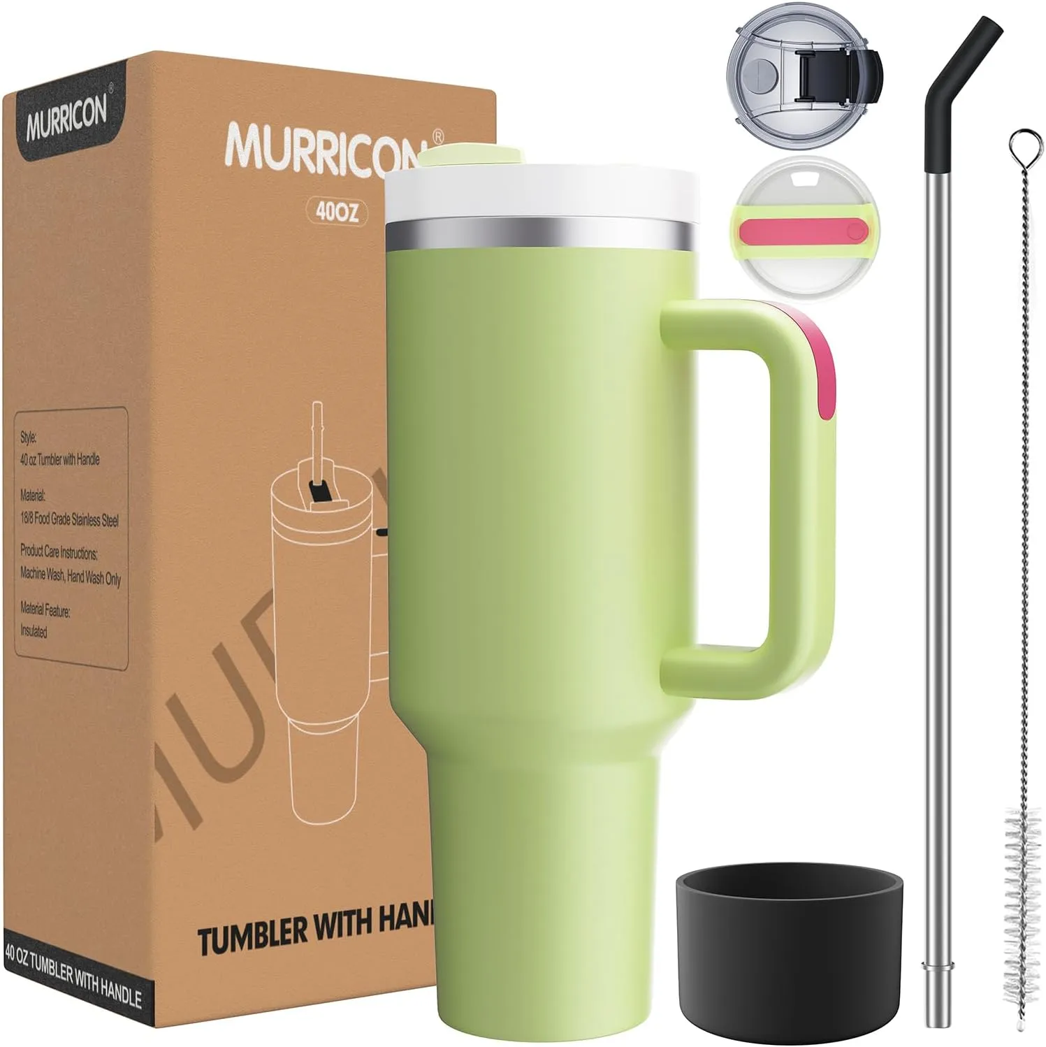 MURRICON 40 oz Tumbler with Handle and Straw,Reusable Vacuum Quencher Tumbler with Lid,Stainless Steel Insulated Travel Mug,for Coffee and Beverages(Avocado)