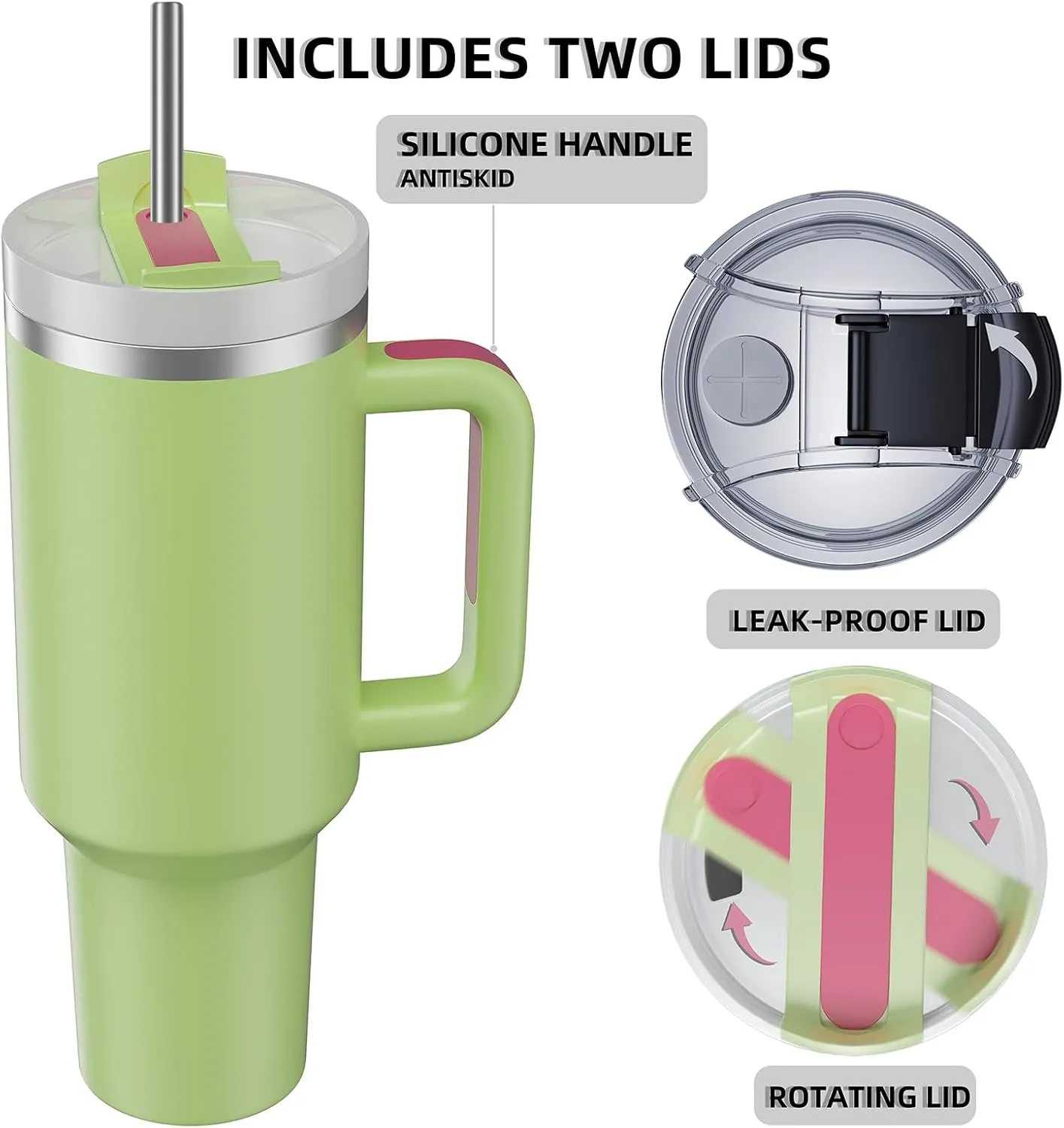 MURRICON 40 oz Tumbler with Handle and Straw,Reusable Vacuum Quencher Tumbler with Lid,Stainless Steel Insulated Travel Mug,for Coffee and Beverages(Avocado)