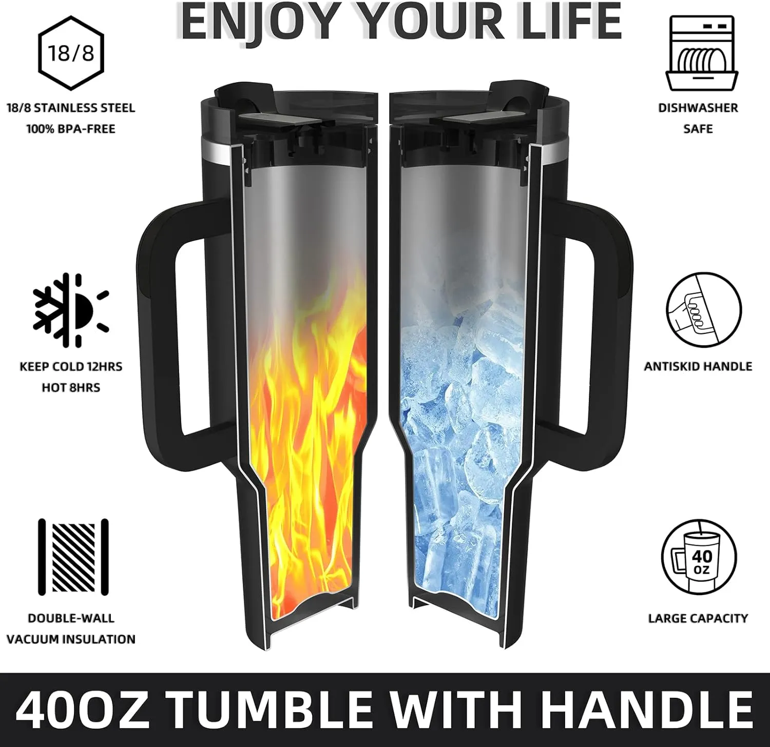 MURRICON 40 oz Tumbler with Handle and Straw,Reusable Vacuum Quencher Tumbler with Lid,Stainless Steel Insulated Travel Mug,for Coffee and Beverages(Black)