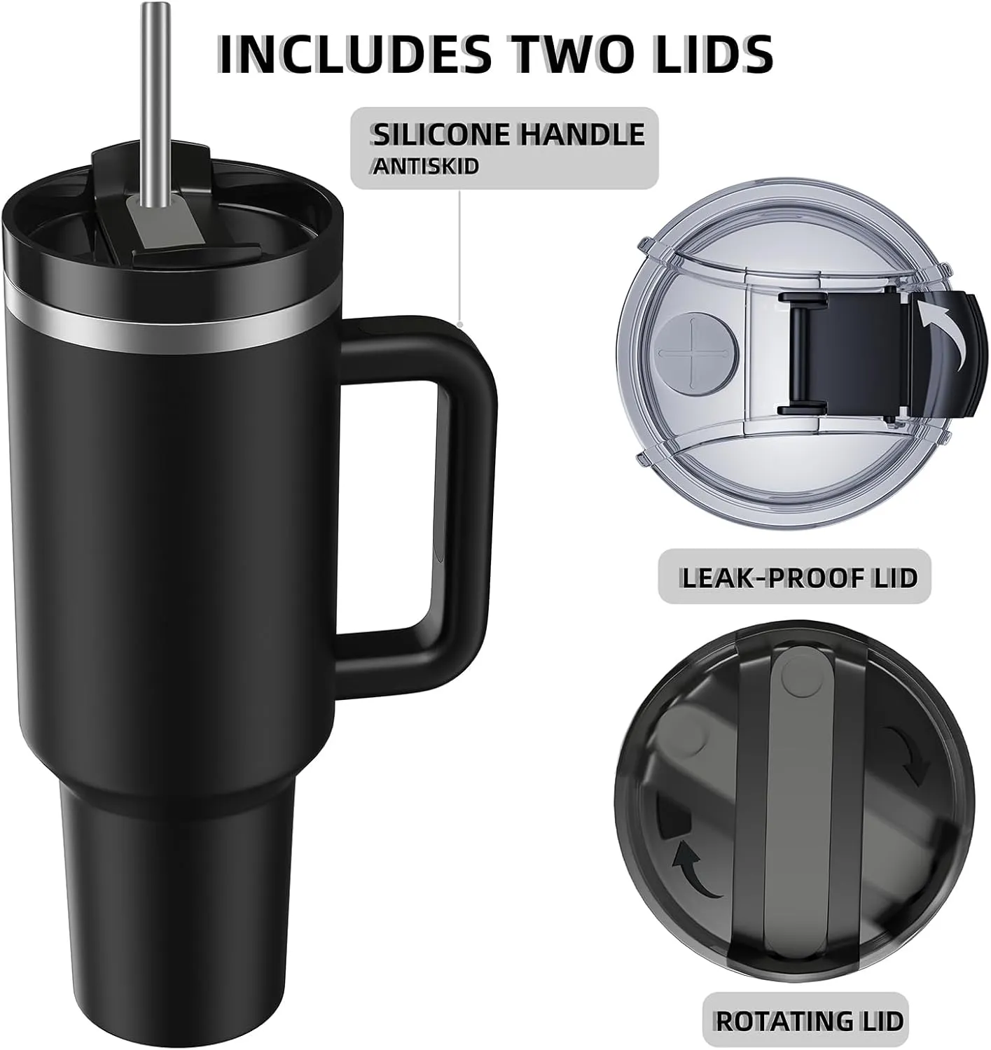 MURRICON 40 oz Tumbler with Handle and Straw,Reusable Vacuum Quencher Tumbler with Lid,Stainless Steel Insulated Travel Mug,for Coffee and Beverages(Black)
