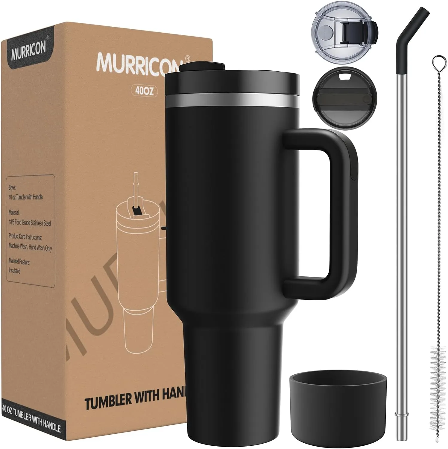 MURRICON 40 oz Tumbler with Handle and Straw,Reusable Vacuum Quencher Tumbler with Lid,Stainless Steel Insulated Travel Mug,for Coffee and Beverages(Black)