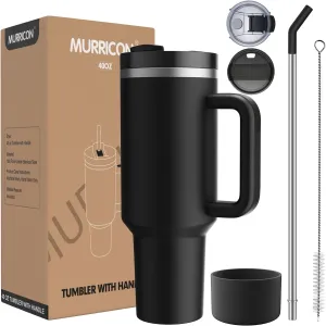 MURRICON 40 oz Tumbler with Handle and Straw,Reusable Vacuum Quencher Tumbler with Lid,Stainless Steel Insulated Travel Mug,for Coffee and Beverages(Black)