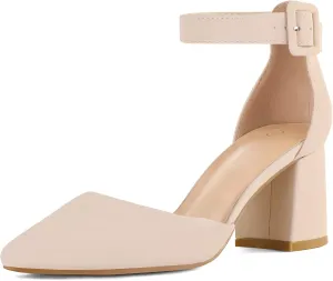 mysoft Women's Pointed Toe Low Chunky Heels Closed Toe Ankle Strap Dress Pump Shoes - Available in Wide Sizes