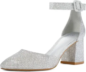 mysoft Women's Pointed Toe Low Chunky Heels Closed Toe Ankle Strap Dress Pump Shoes - Available in Wide Sizes
