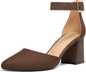 mysoft Women's Pointed Toe Low Chunky Heels Closed Toe Ankle Strap Dress Pump Shoes - Available in Wide Sizes