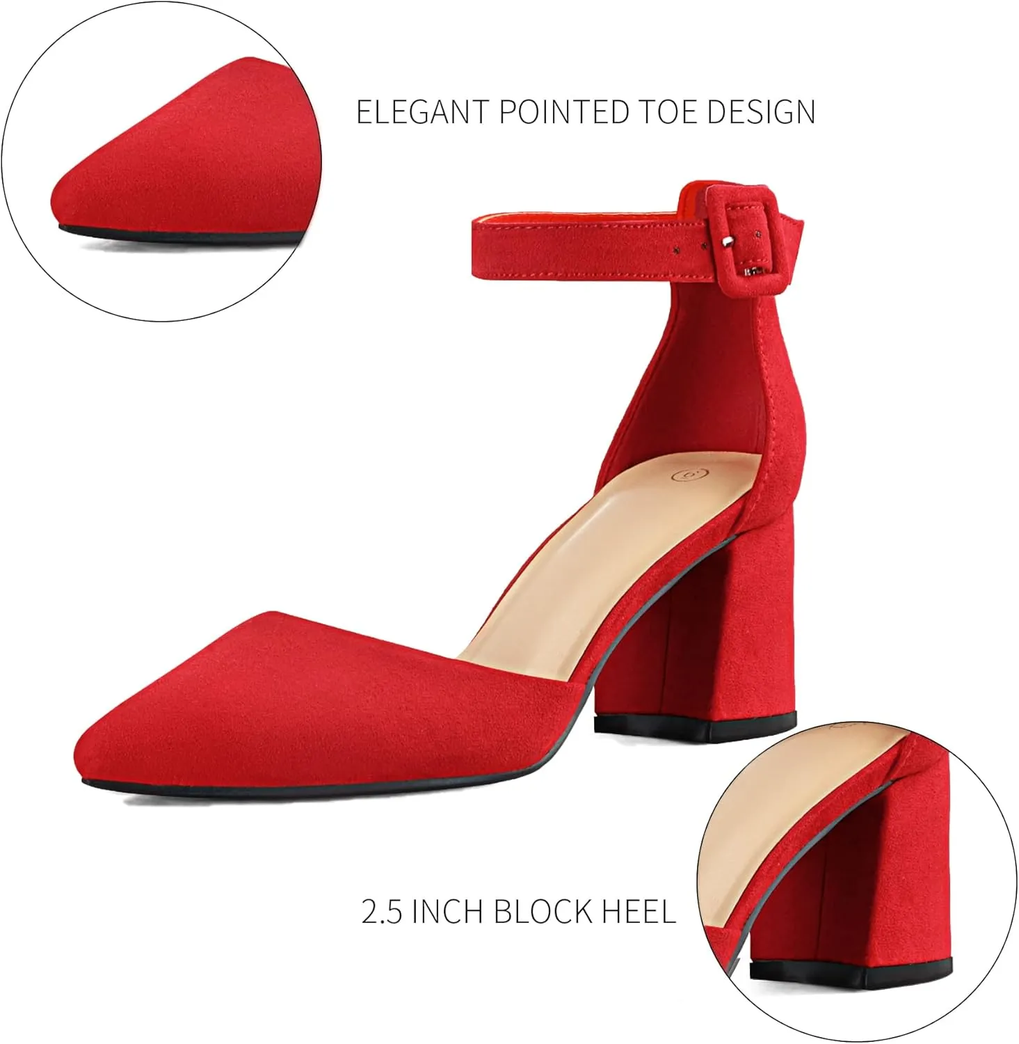 mysoft Women's Pointed Toe Low Chunky Heels Closed Toe Ankle Strap Dress Pump Shoes - Available in Wide Sizes