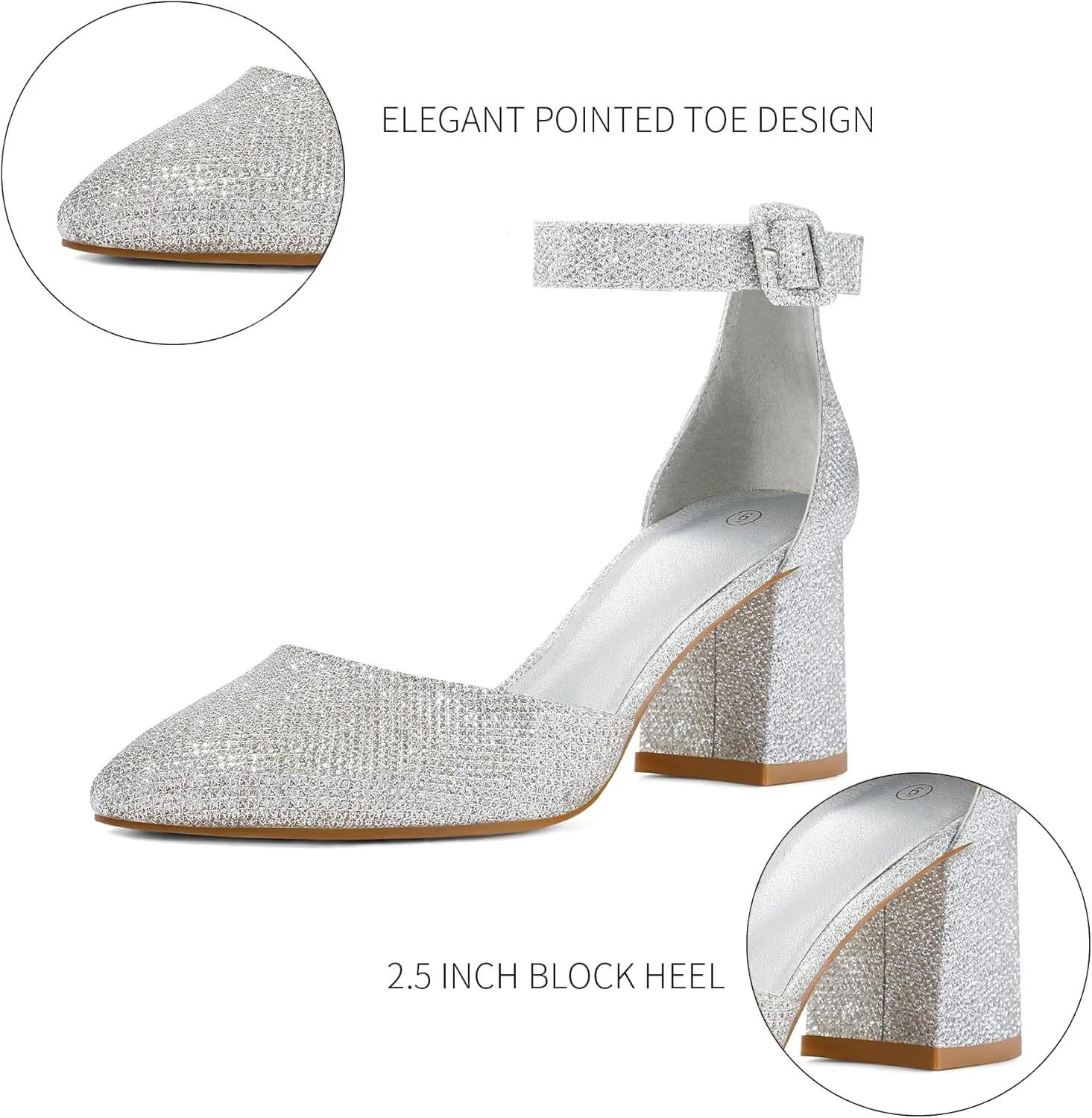 mysoft Women's Pointed Toe Low Chunky Heels Closed Toe Ankle Strap Dress Pump Shoes - Available in Wide Sizes