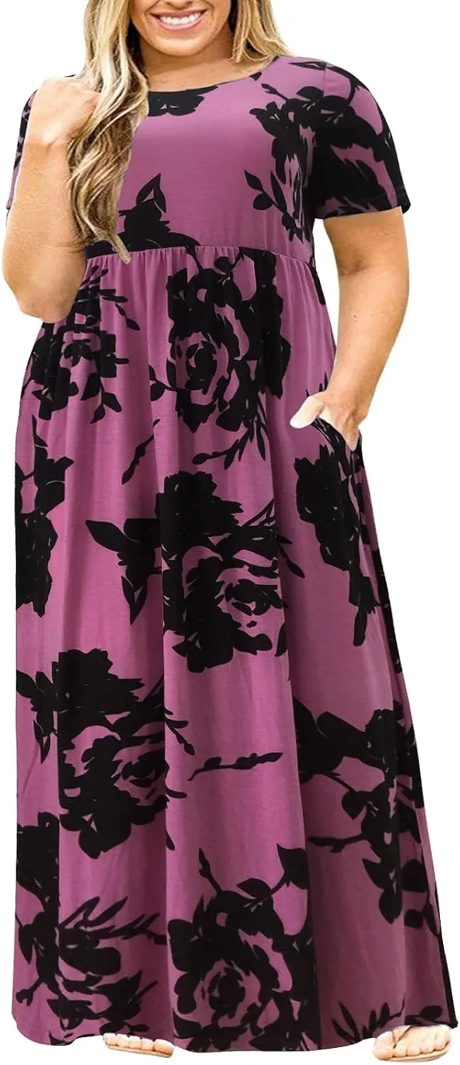 Nemidor Women Short Sleeve Loose Plain Casual Plus Size Long Maxi Dress with Pockets