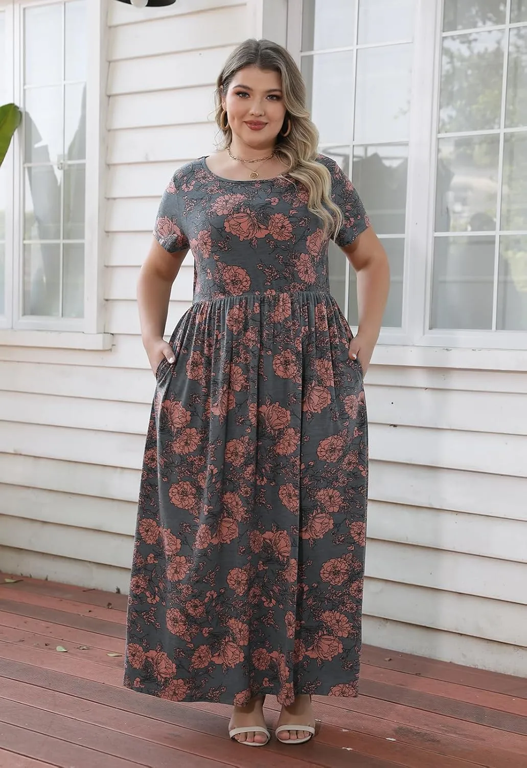 Nemidor Women Short Sleeve Loose Plain Casual Plus Size Long Maxi Dress with Pockets