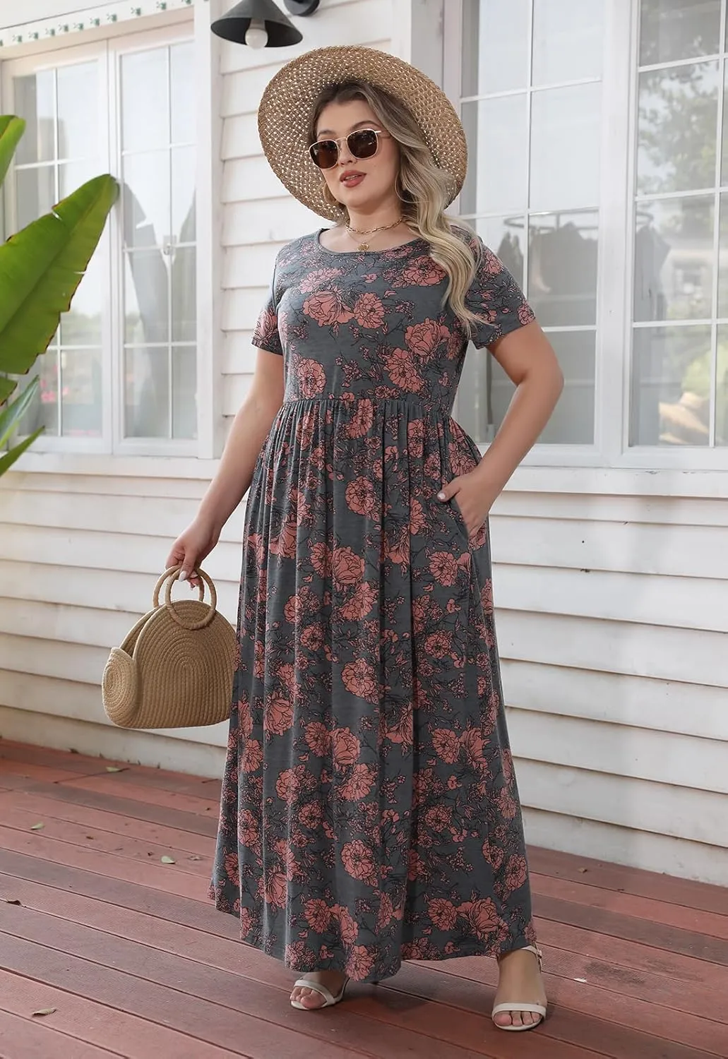 Nemidor Women Short Sleeve Loose Plain Casual Plus Size Long Maxi Dress with Pockets