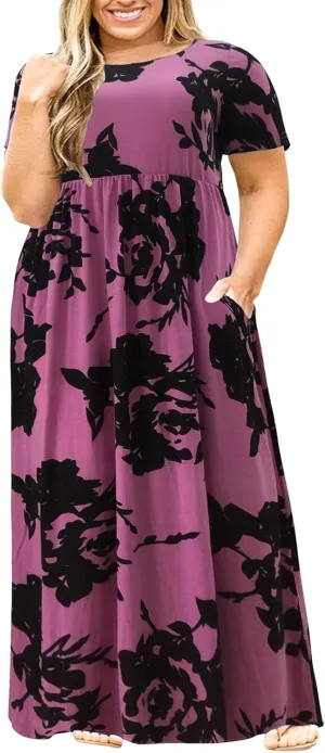 Nemidor Women Short Sleeve Loose Plain Casual Plus Size Long Maxi Dress with Pockets