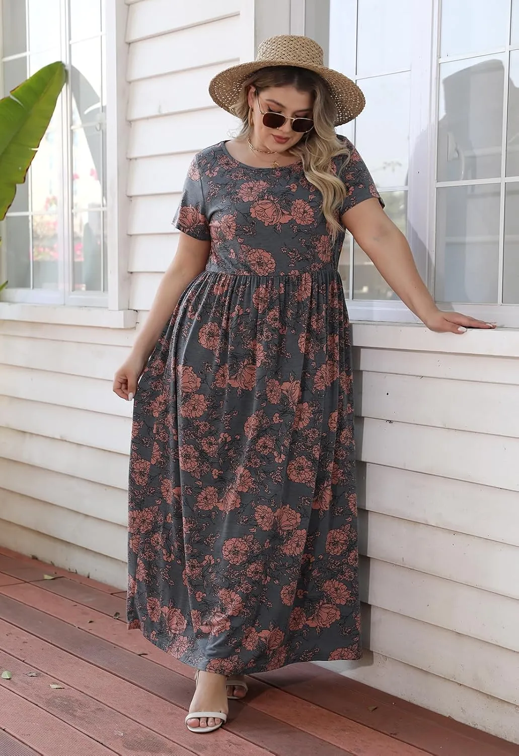 Nemidor Women Short Sleeve Loose Plain Casual Plus Size Long Maxi Dress with Pockets