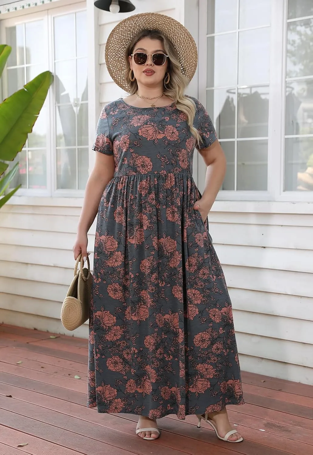 Nemidor Women Short Sleeve Loose Plain Casual Plus Size Long Maxi Dress with Pockets
