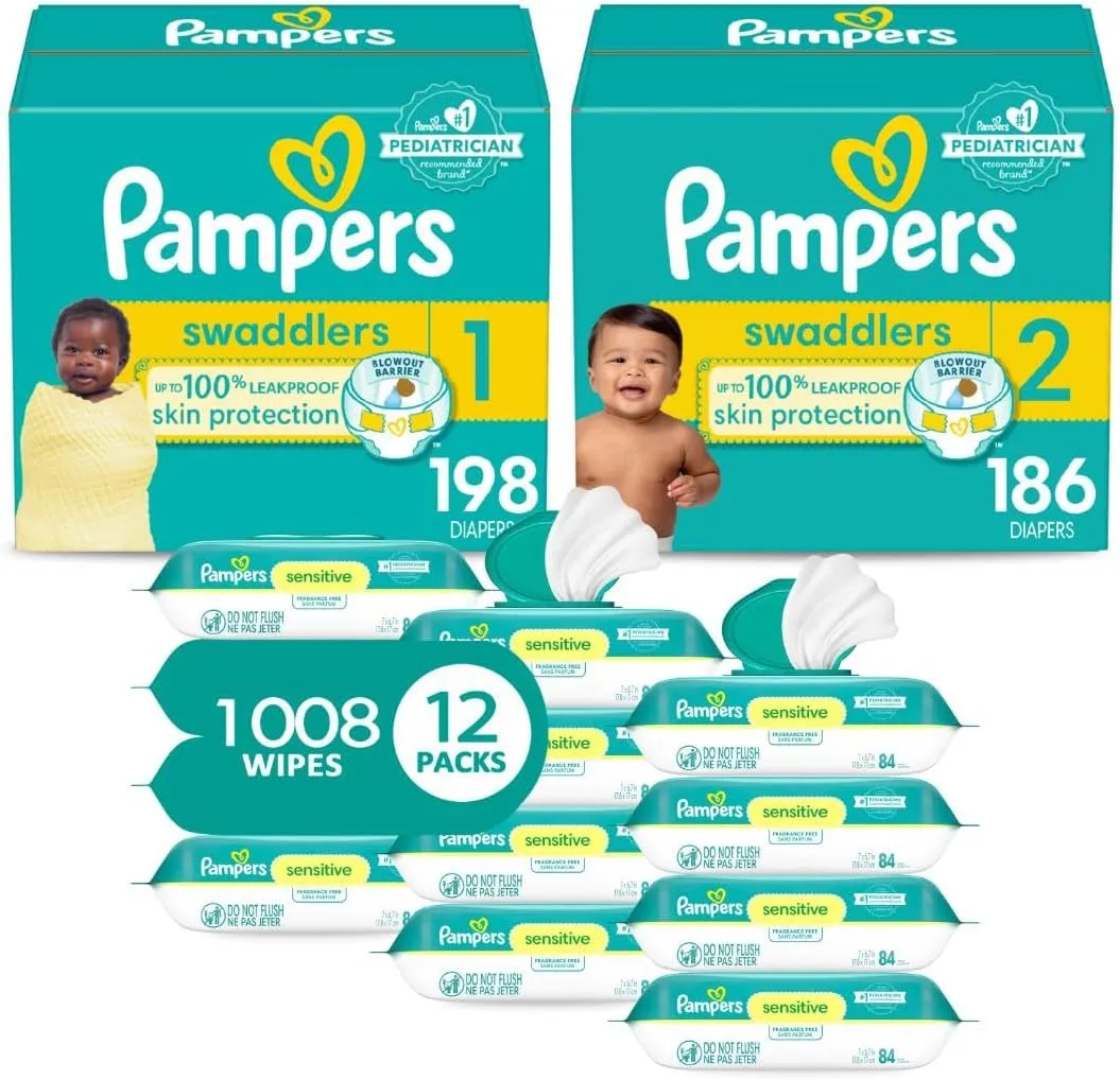 Pampers Baby Diapers and Wipes Starter Kit - Swaddlers Disposable Diapers Sizes 1 (198 Count) & 2 (186 Count) With Sensitive Water Based Wipes 12 Flip-Top Packs (1008 Total)