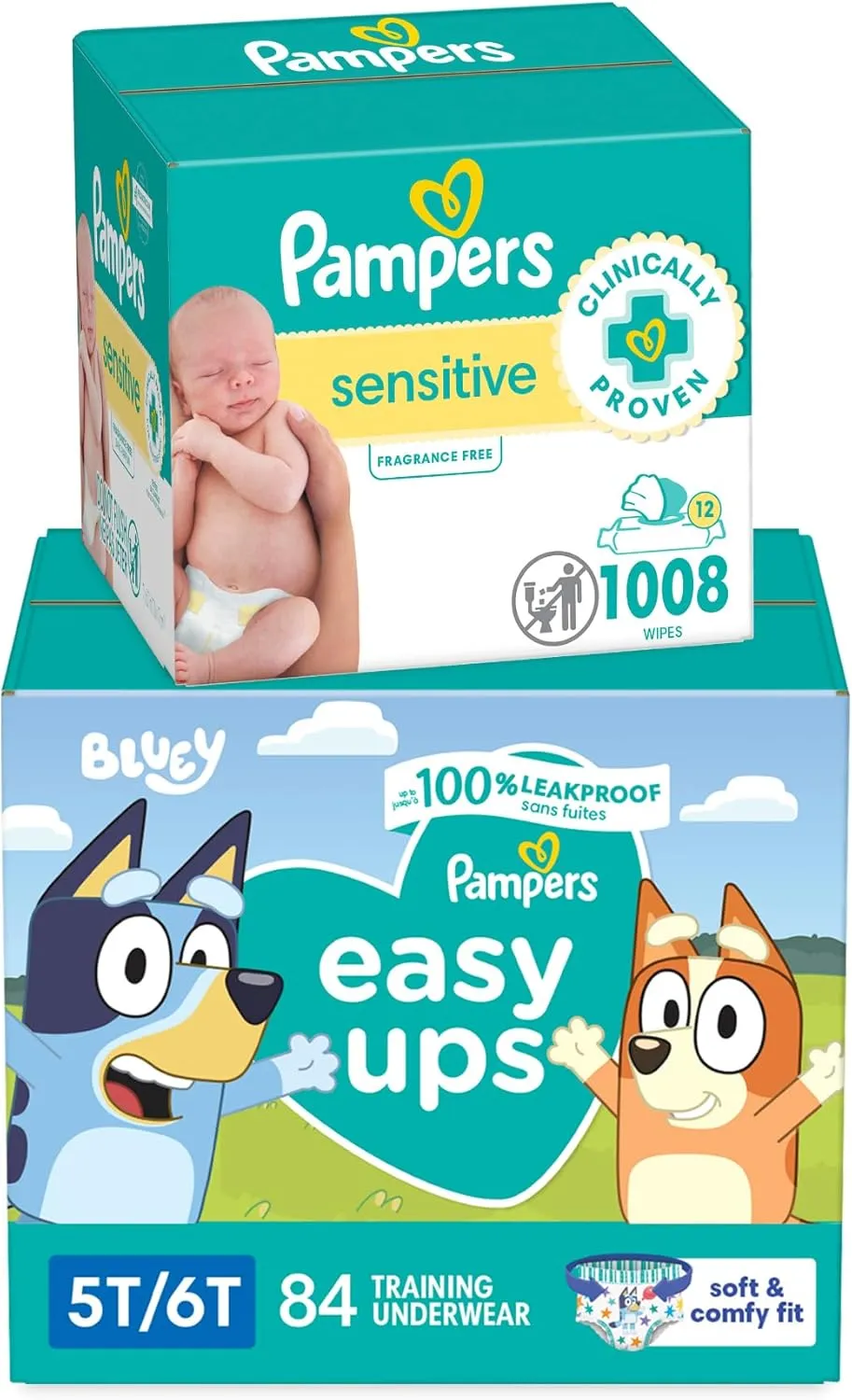 Pampers Easy Ups Bluey Pull On Training Pants Boys and Girls, 5T-6T, 844 Count with Sensitive Water Based Baby Wipes 12 Flip-Top Packs (1008 Wipes Total)