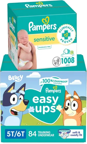 Pampers Easy Ups Bluey Pull On Training Pants Boys and Girls, 5T-6T, 844 Count with Sensitive Water Based Baby Wipes 12 Flip-Top Packs (1008 Wipes Total)