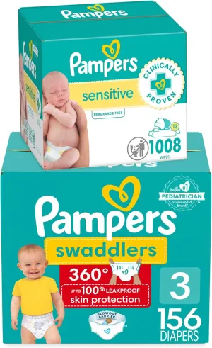Pampers Swaddlers 360 Pull-On Diapers, Size 3, 156 Count, with Sensitive Water Based Baby Wipes 12 Flip-Top Packs (1008 Wipes Total)