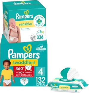 Pampers Swaddlers 360 Pull-On Diapers, Size 4, 132 Count, with Sensitive Baby Wipes, 4 Flip-Top Packs (336 Wipes Total) [Packaging May Vary]