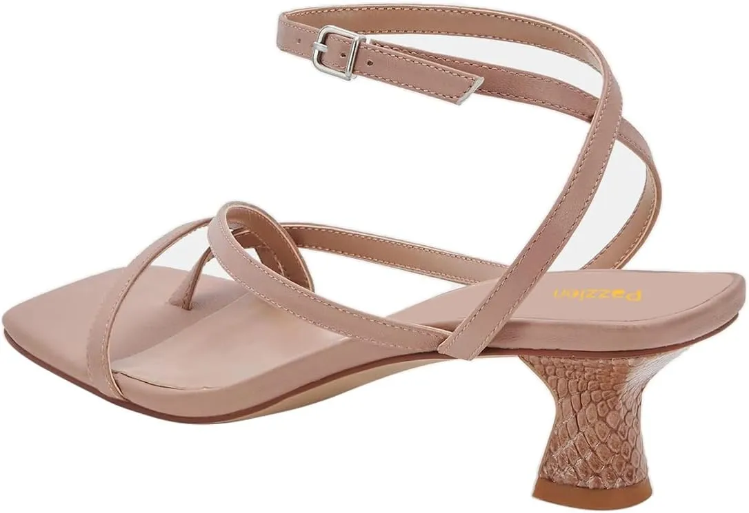 Pazzion Womens Square Open Toe Kitten Low Heel Flip Flops Strappy Buckle Thong Sandals Shoes for Daily Beach Outdoor Size 4-16 US