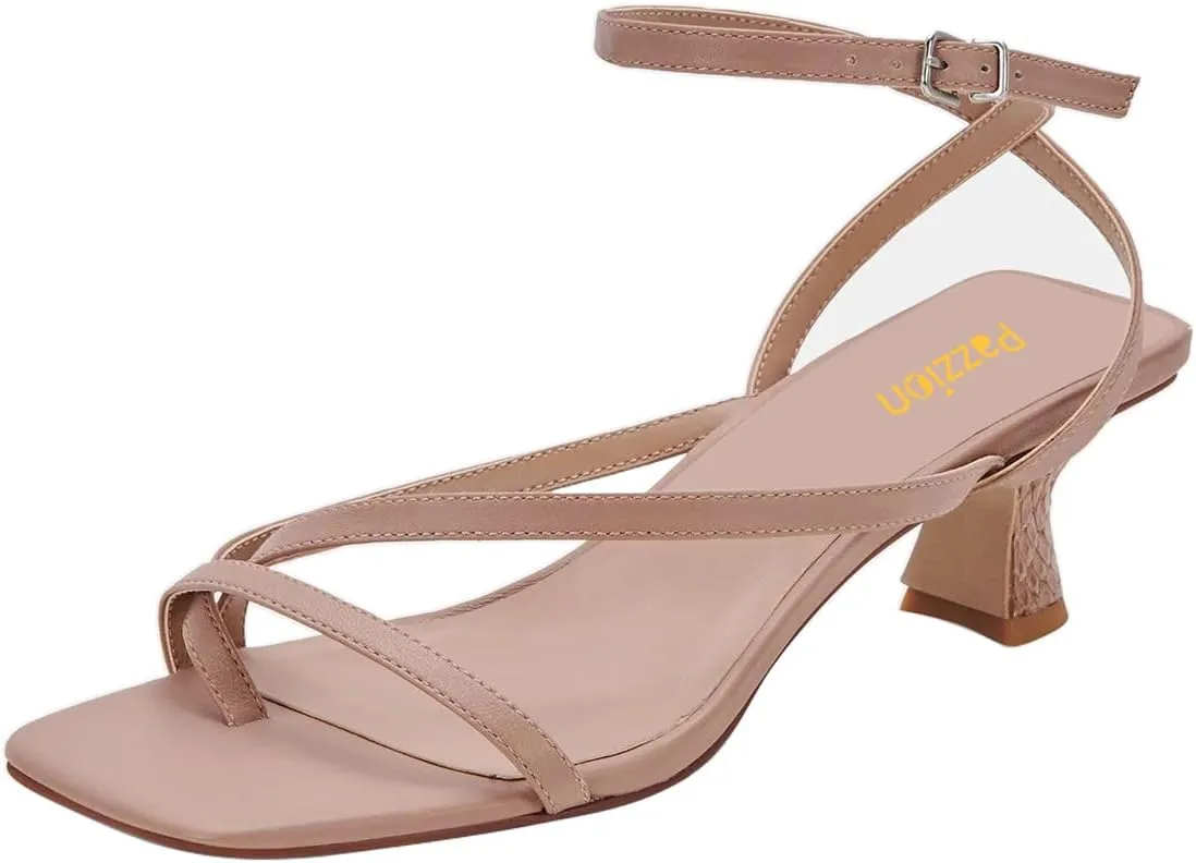 Pazzion Womens Square Open Toe Kitten Low Heel Flip Flops Strappy Buckle Thong Sandals Shoes for Daily Beach Outdoor Size 4-16 US