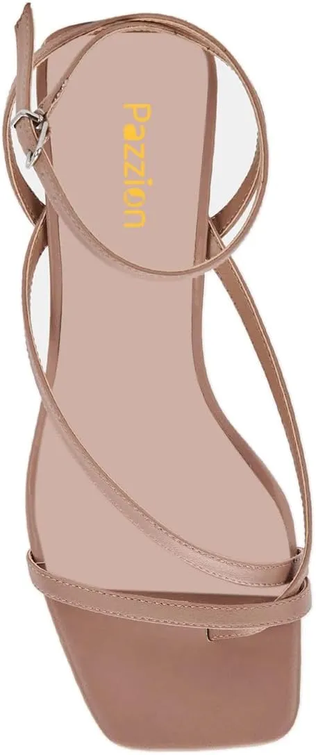 Pazzion Womens Square Open Toe Kitten Low Heel Flip Flops Strappy Buckle Thong Sandals Shoes for Daily Beach Outdoor Size 4-16 US