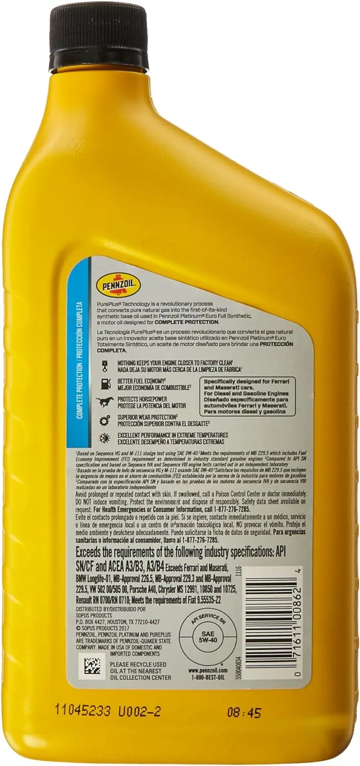 Pennzoil - 550040834 Platinum Euro Full Synthetic 5W-40 Motor Oil (1-Quart, Single-Pack)
