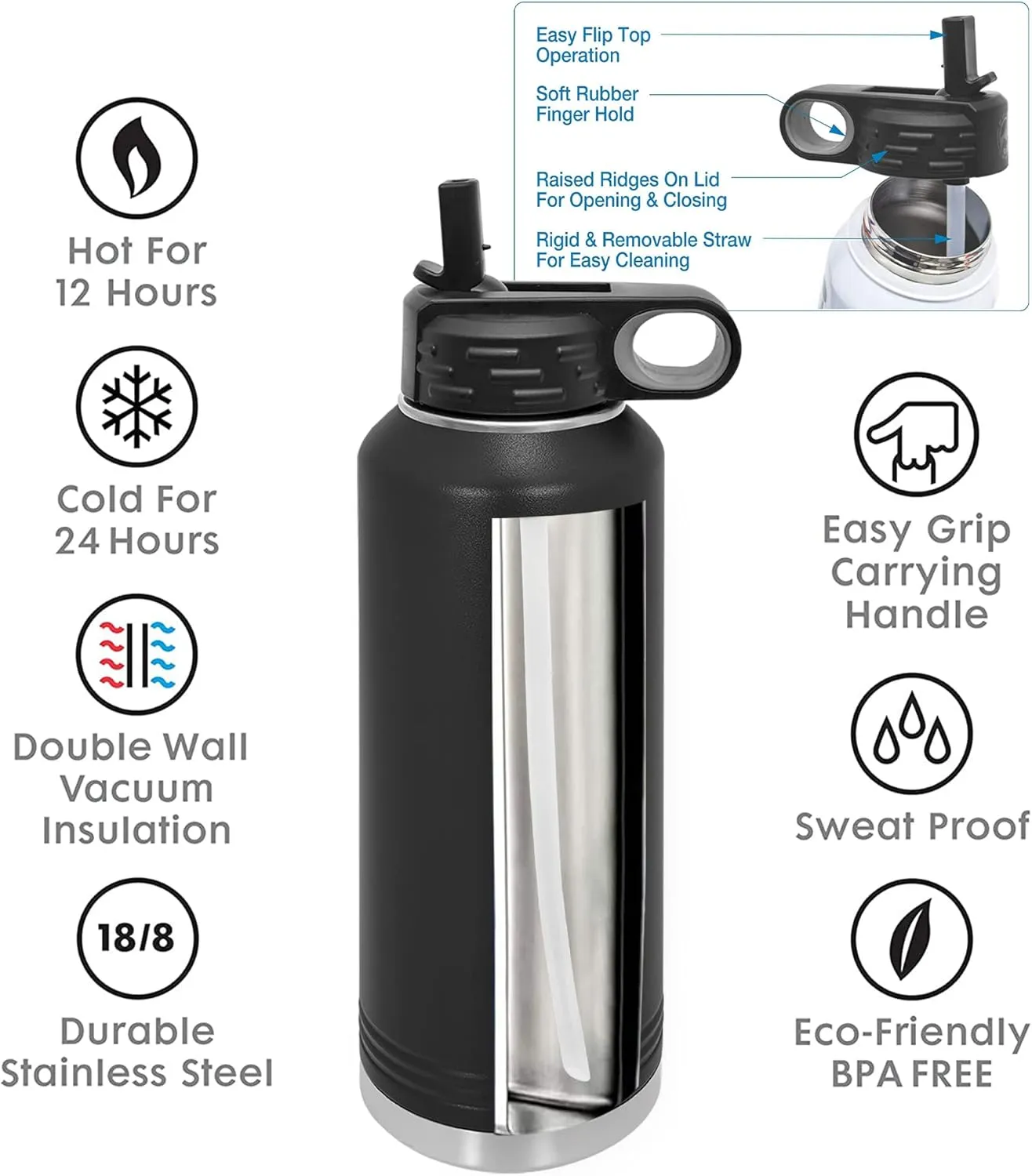 Personalized Golf Water Bottles with Flip-Top Lid and Straw, Customized Gift Vacuum Insulated Flask, Stainless Steel Sports Golf Gift Thermos, Engraved Custom Golfer Dad Gift 32 oz (Black)