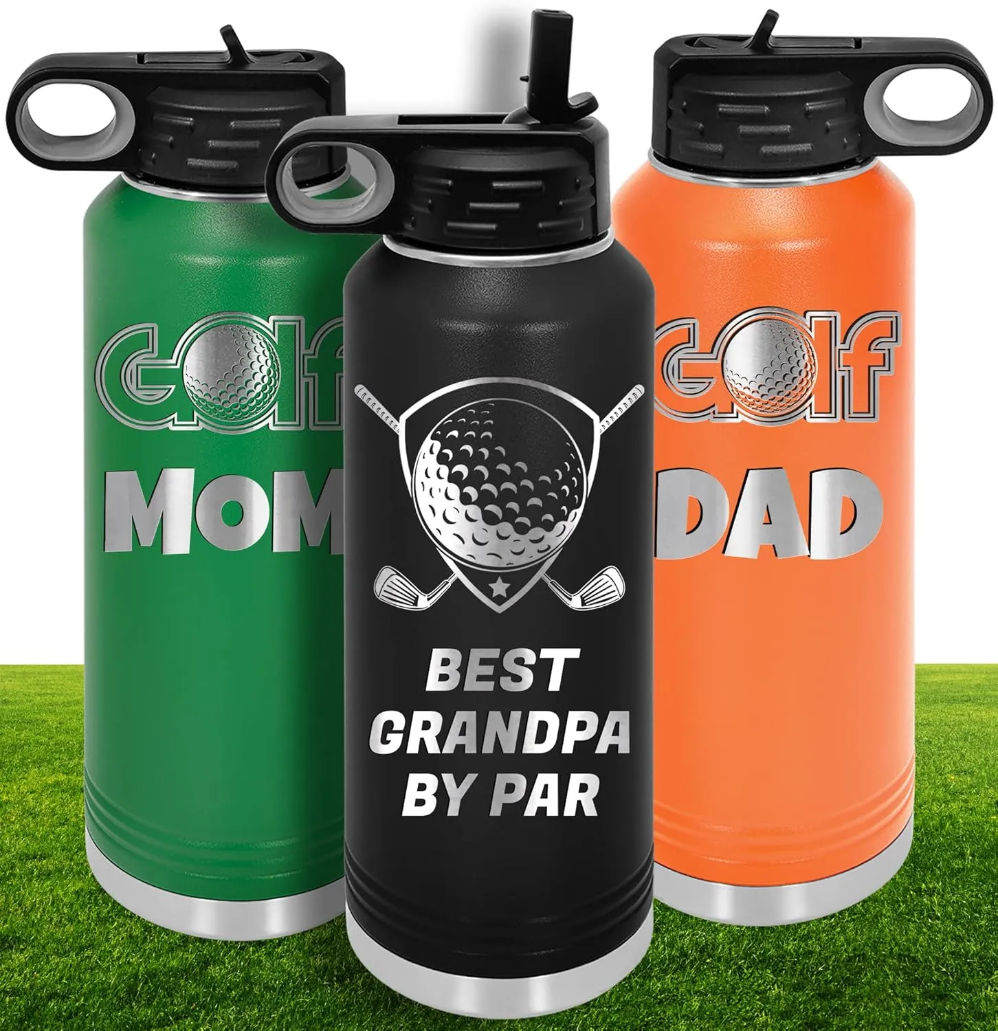 Personalized Golf Water Bottles with Flip-Top Lid and Straw, Customized Gift Vacuum Insulated Flask, Stainless Steel Sports Golf Gift Thermos, Engraved Custom Golfer Dad Gift 32 oz (Black)