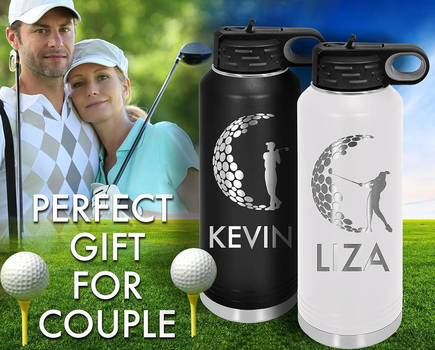 Personalized Golf Water Bottles with Flip-Top Lid and Straw, Customized Gift Vacuum Insulated Flask, Stainless Steel Sports Golf Gift Thermos, Engraved Custom Golfer Dad Gift 32 oz (Black)