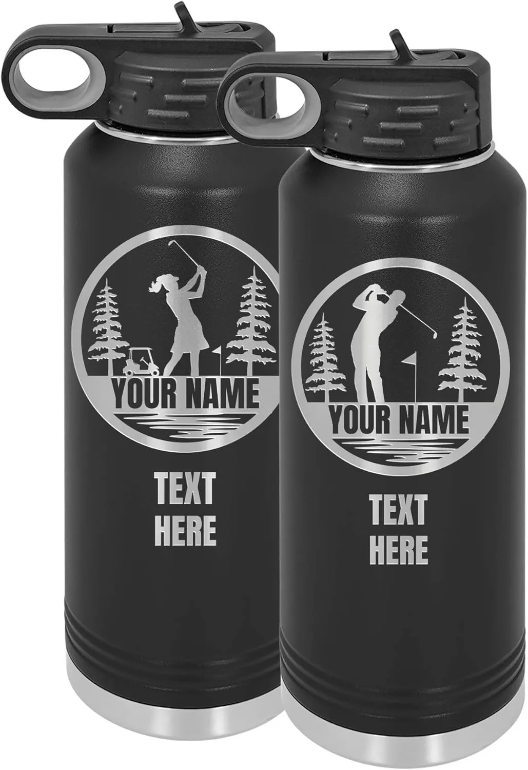 Personalized Golf Water Bottles with Flip-Top Lid and Straw, Customized Gift Vacuum Insulated Flask, Stainless Steel Sports Golf Gift Thermos, Engraved Custom Golfer Dad Gift 32 oz (Black)