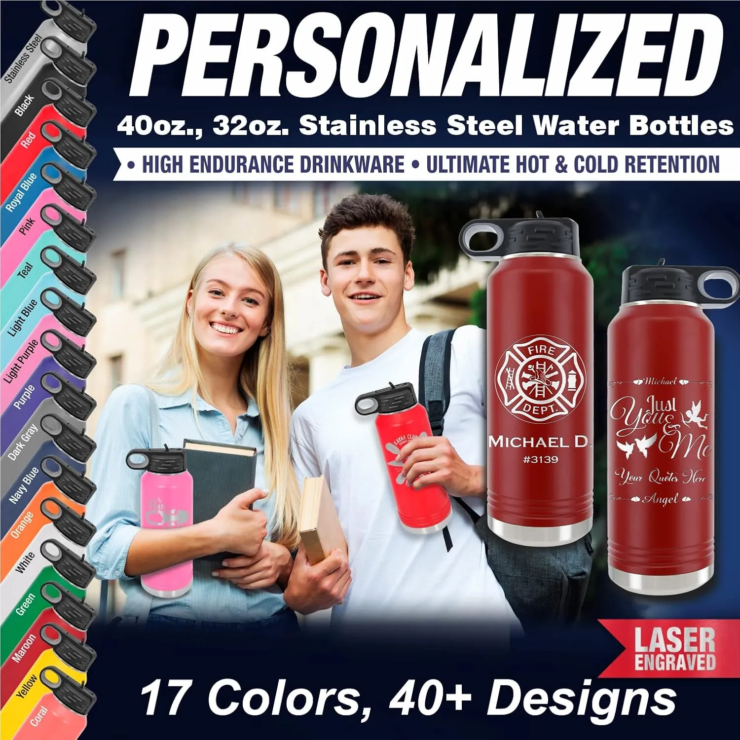 Personalized Water Bottle for Women 40oz/32oz, Customized Insulated Water Flask, Stainless Steel Sports Thermos Tumbler, Mother's Day Gift, Name/Text Engraved by iProductsUS (Red)