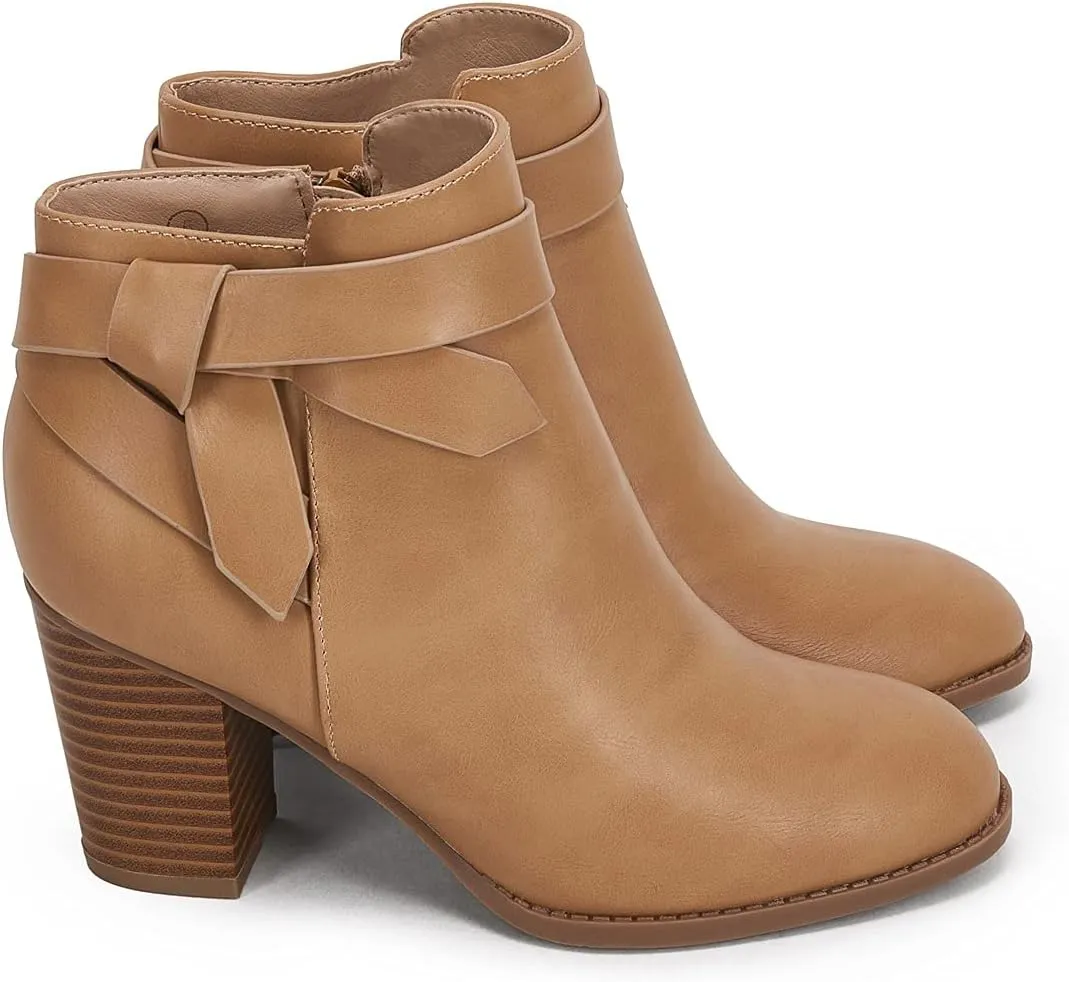 PiePieBuy Women's Tie Knot Chelsea Pump Ankle Boots Closed Toe Stacked Heel Booties Shoes