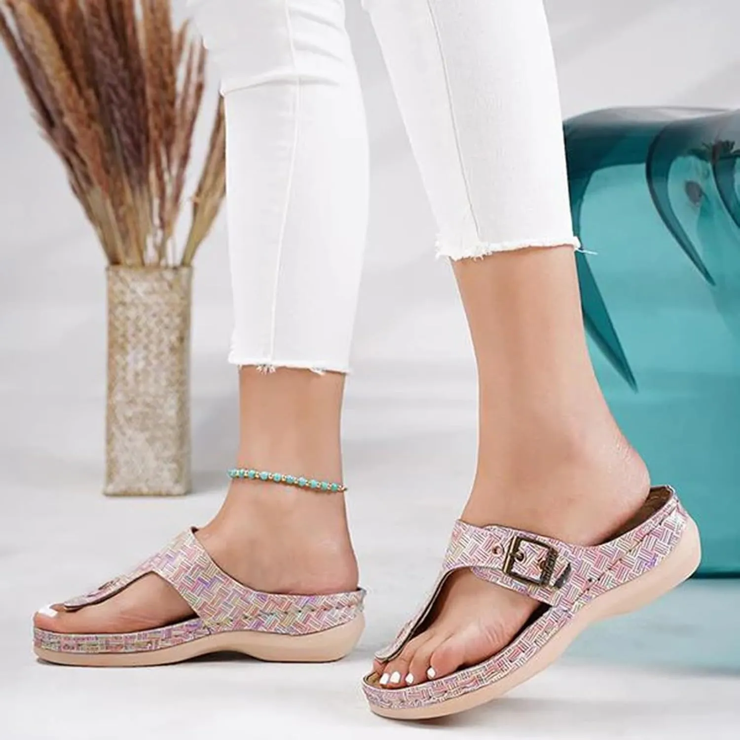 Pinch Toe Sandal Women's Summer New Round Head Hollow Metal Slope And Outer Plaid Herringbone Fuzzy Heels for Women