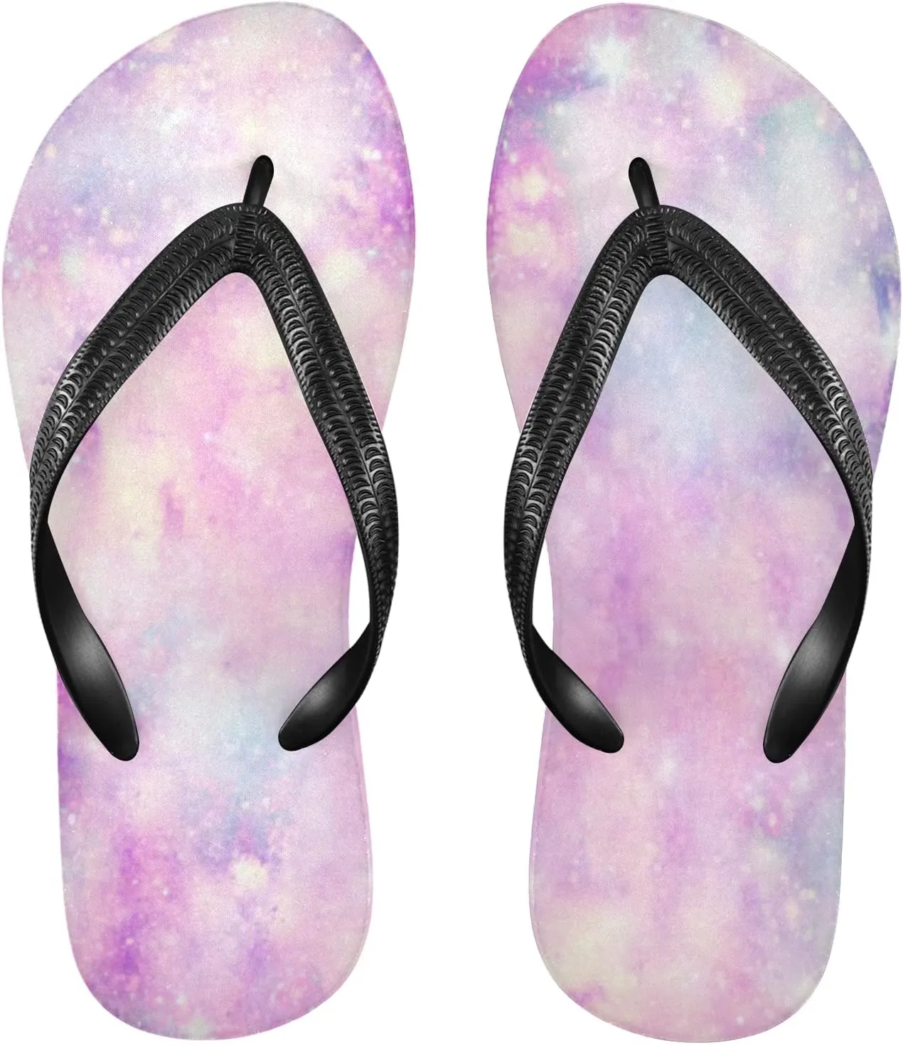 Pink Galaxy Space and Stars Print Womens Flip Flops Galaxy Universe Pink Marble Summer Beach Sandals Casual Thong Slippers Comfortable Shower Slippers Non Slip Water Sandals shoes XS