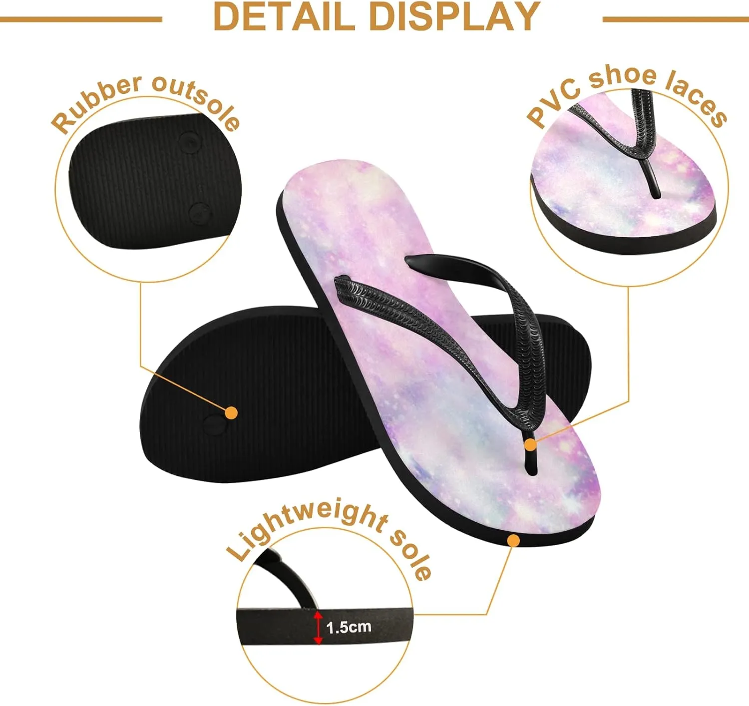 Pink Galaxy Space and Stars Print Womens Flip Flops Galaxy Universe Pink Marble Summer Beach Sandals Casual Thong Slippers Comfortable Shower Slippers Non Slip Water Sandals shoes XS
