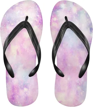 Pink Galaxy Space and Stars Print Womens Flip Flops Galaxy Universe Pink Marble Summer Beach Sandals Casual Thong Slippers Comfortable Shower Slippers Non Slip Water Sandals shoes XS
