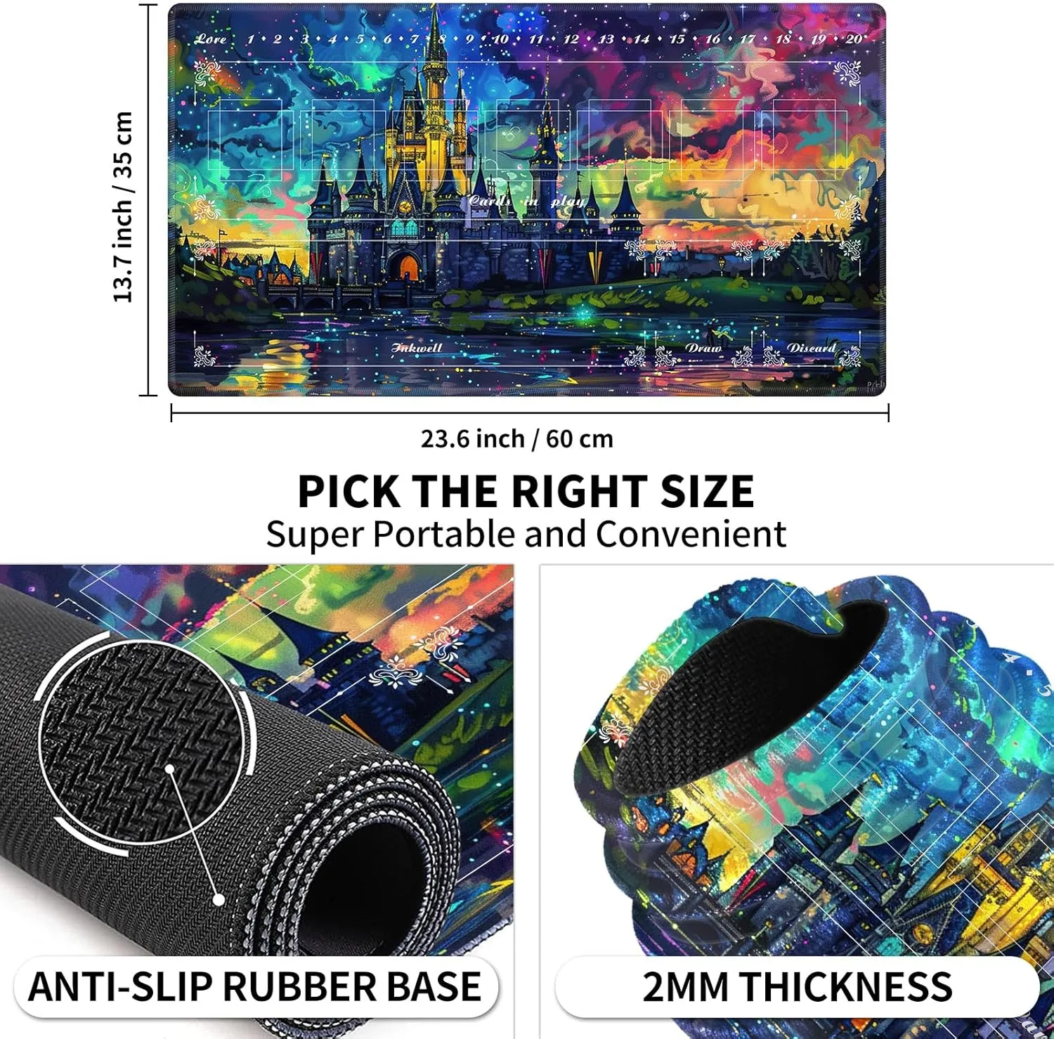 Playmat with Zones for Card Game Playing, Compatible with Lorcana TCG Cards Game Mats 24"x14" Commander Deck Gaming Duel Mat Card Gameplay Mats for Beginner, Castle Colorful Night