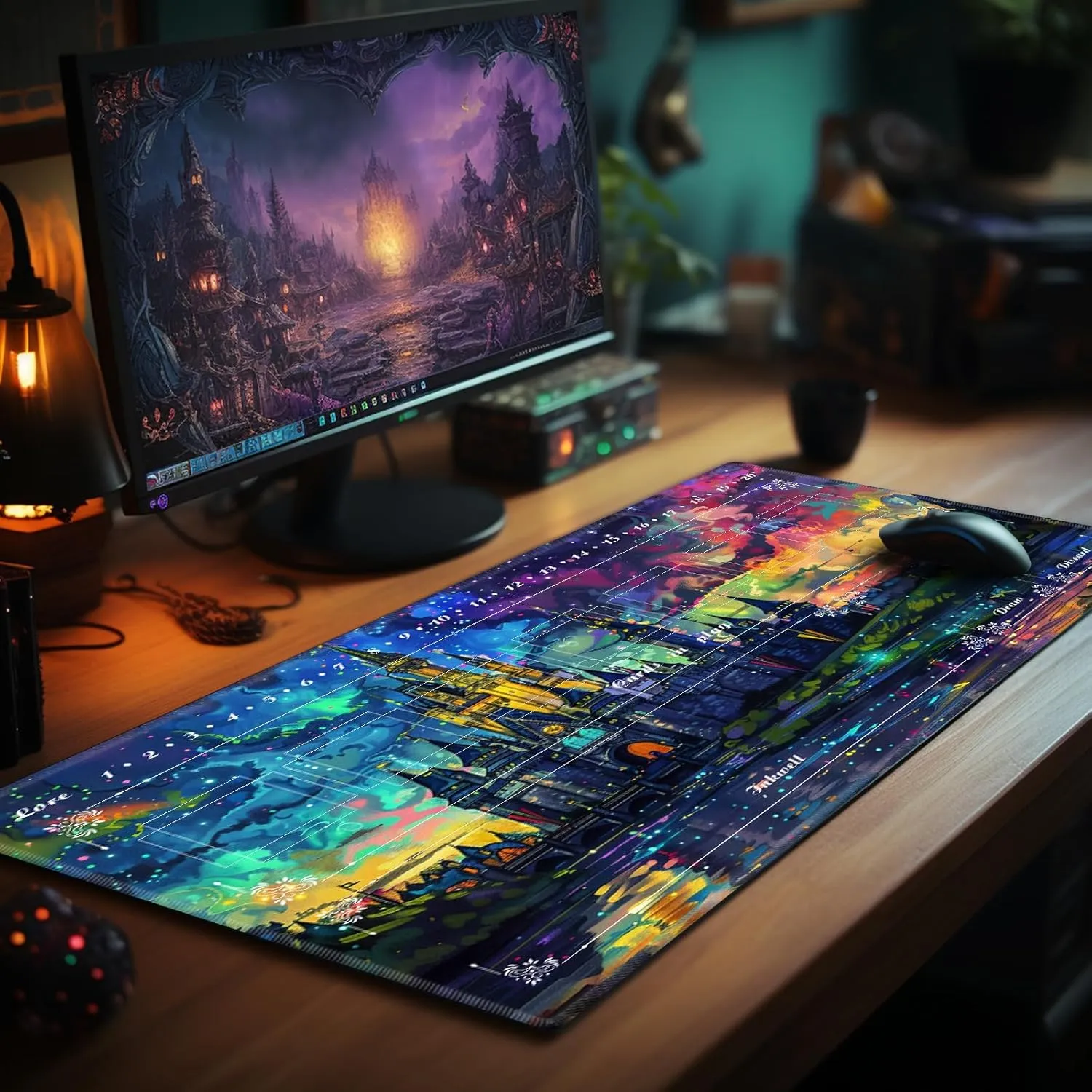 Playmat with Zones for Card Game Playing, Compatible with Lorcana TCG Cards Game Mats 24"x14" Commander Deck Gaming Duel Mat Card Gameplay Mats for Beginner, Castle Colorful Night