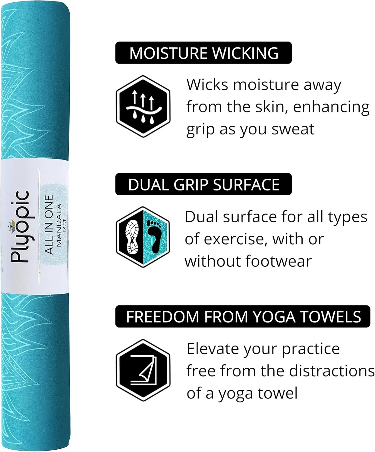 Plyopic. All In One Yoga Mat | Luxury Sweat-Grip Mat/Towel Combo | Ideal for Yoga, Hot Yoga, Bikram, Pilates, Workout & Exercise | Eco-Friendly Natural Rubber