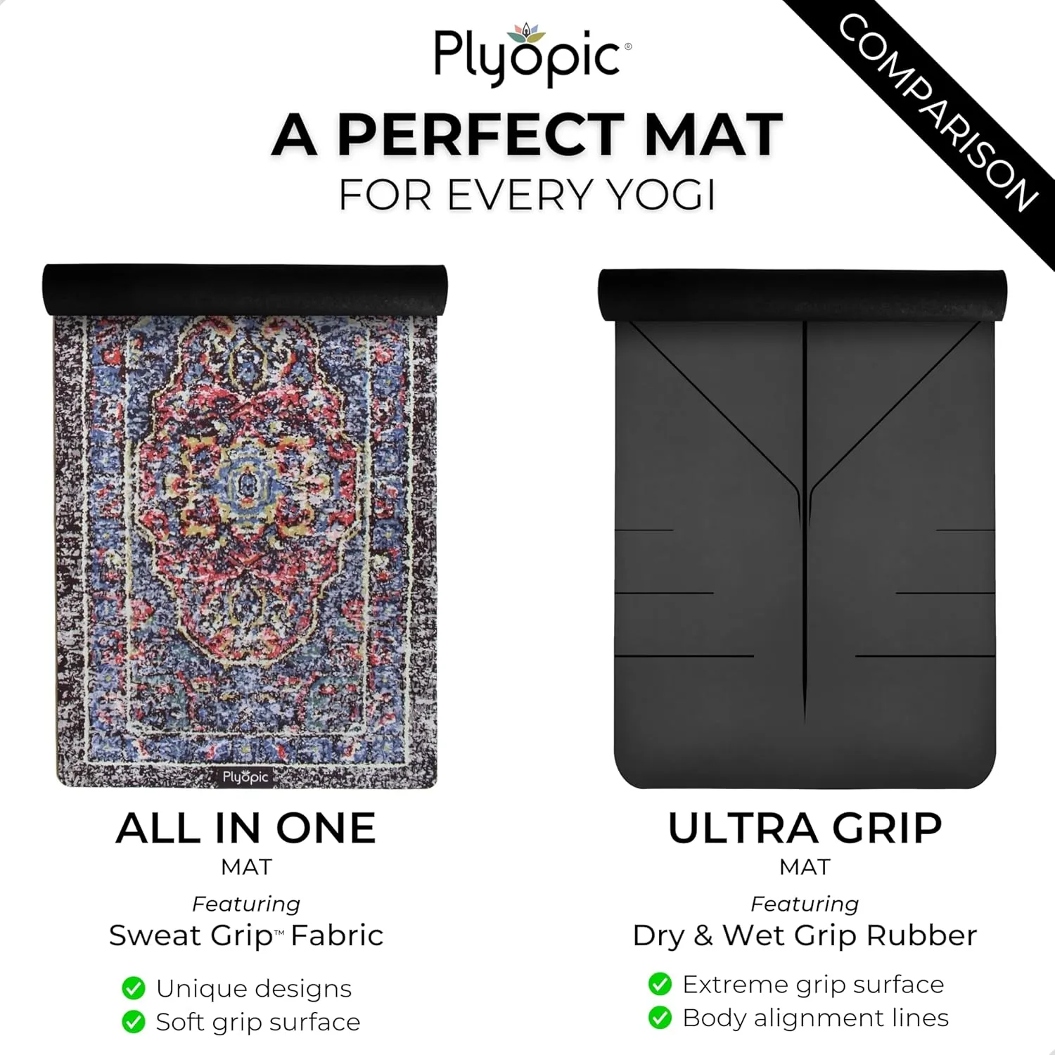 Plyopic. All In One Yoga Mat | Luxury Sweat-Grip Mat/Towel Combo | Ideal for Yoga, Hot Yoga, Bikram, Pilates, Workout & Exercise | Eco-Friendly Natural Rubber