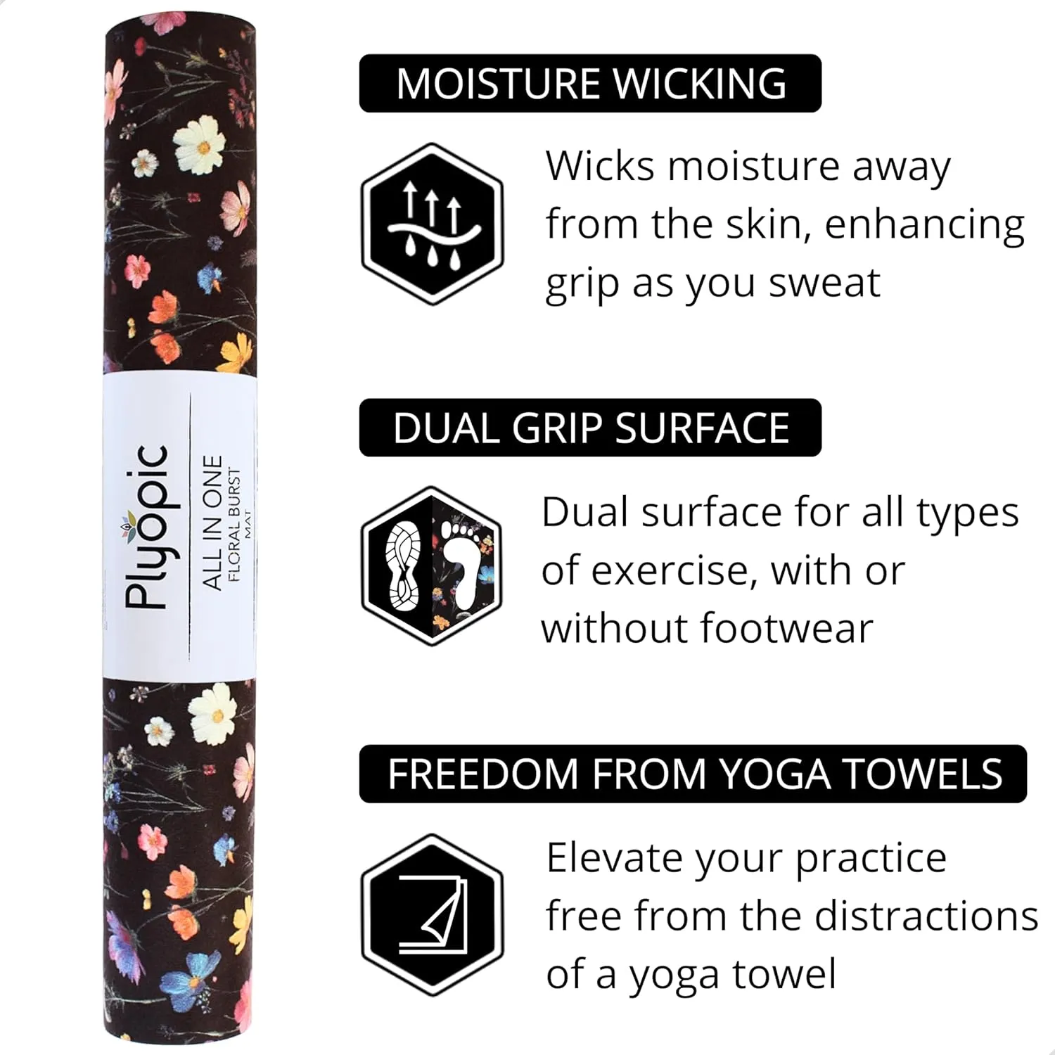 Plyopic. All In One Yoga Mat | Luxury Sweat-Grip Mat/Towel Combo | Ideal for Yoga, Hot Yoga, Bikram, Pilates, Workout & Exercise | Eco-Friendly Natural Rubber