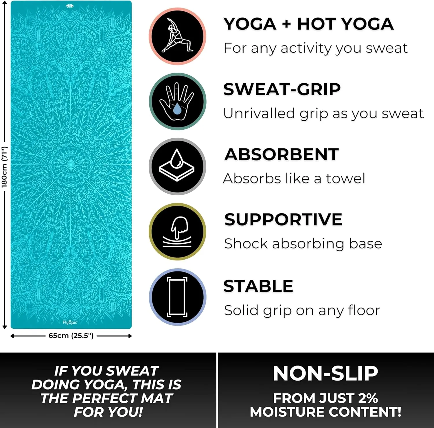Plyopic. All In One Yoga Mat | Luxury Sweat-Grip Mat/Towel Combo | Ideal for Yoga, Hot Yoga, Bikram, Pilates, Workout & Exercise | Eco-Friendly Natural Rubber