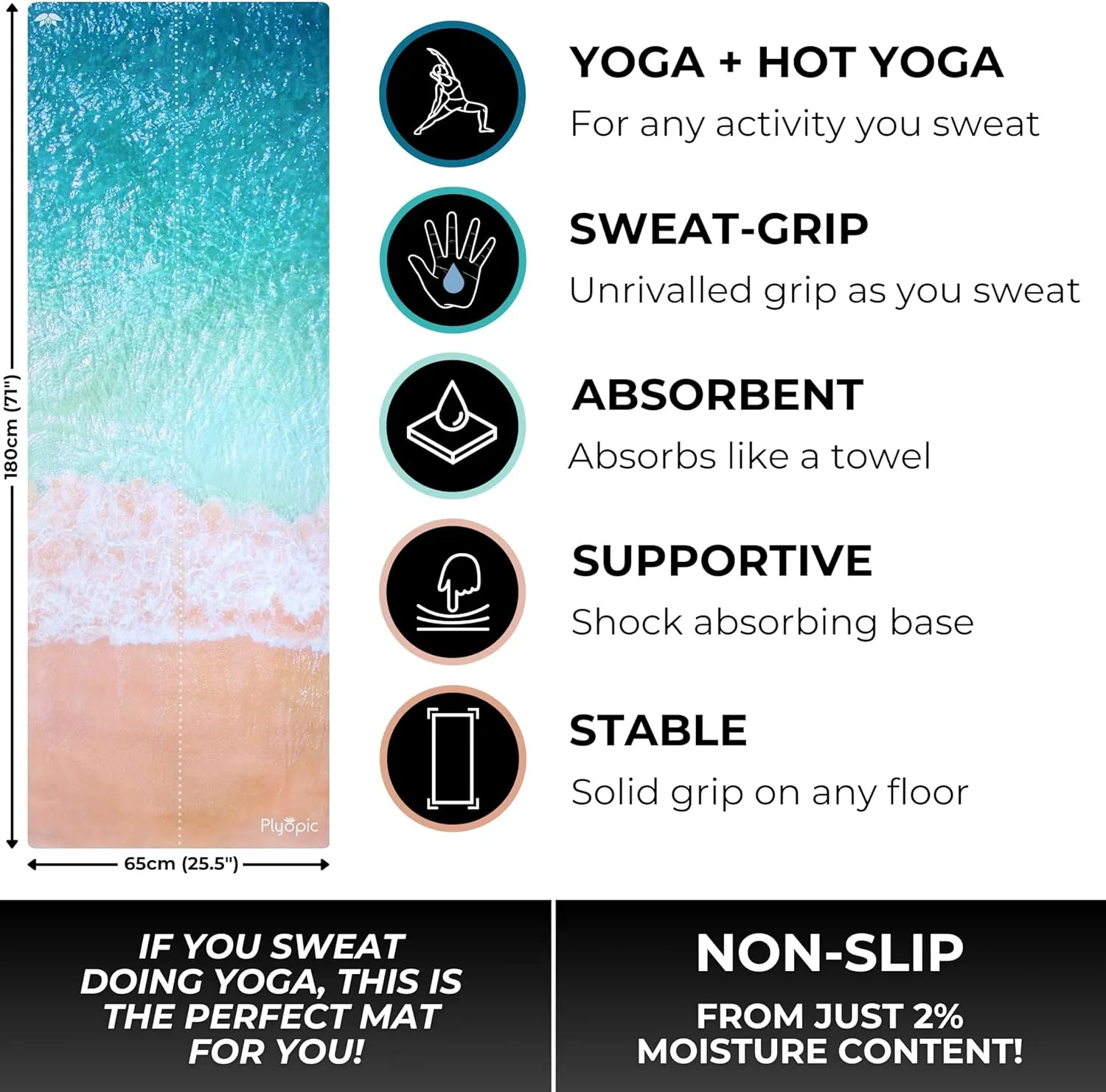 Plyopic. All In One Yoga Mat | Luxury Sweat-Grip Mat/Towel Combo | Ideal for Yoga, Hot Yoga, Bikram, Pilates, Workout & Exercise | Eco-Friendly Natural Rubber