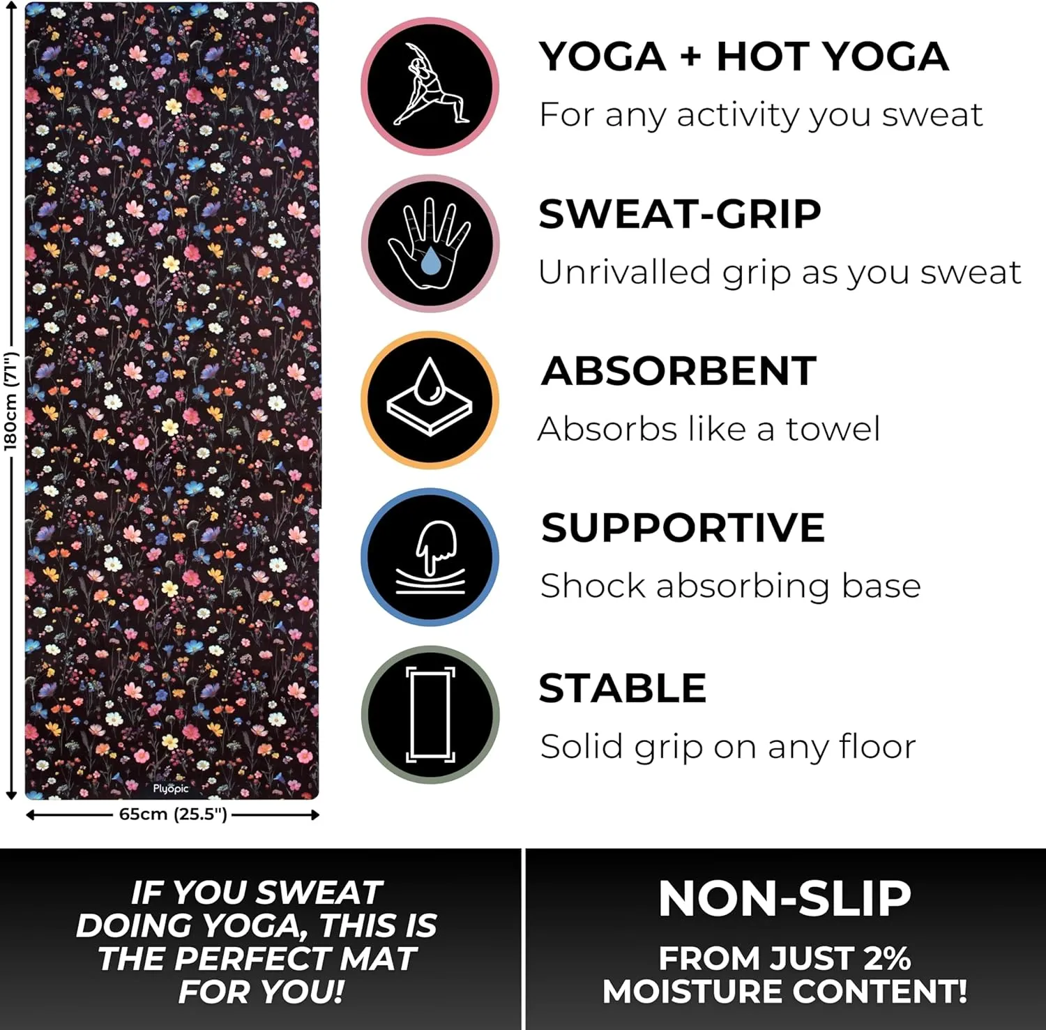 Plyopic. All In One Yoga Mat | Luxury Sweat-Grip Mat/Towel Combo | Ideal for Yoga, Hot Yoga, Bikram, Pilates, Workout & Exercise | Eco-Friendly Natural Rubber