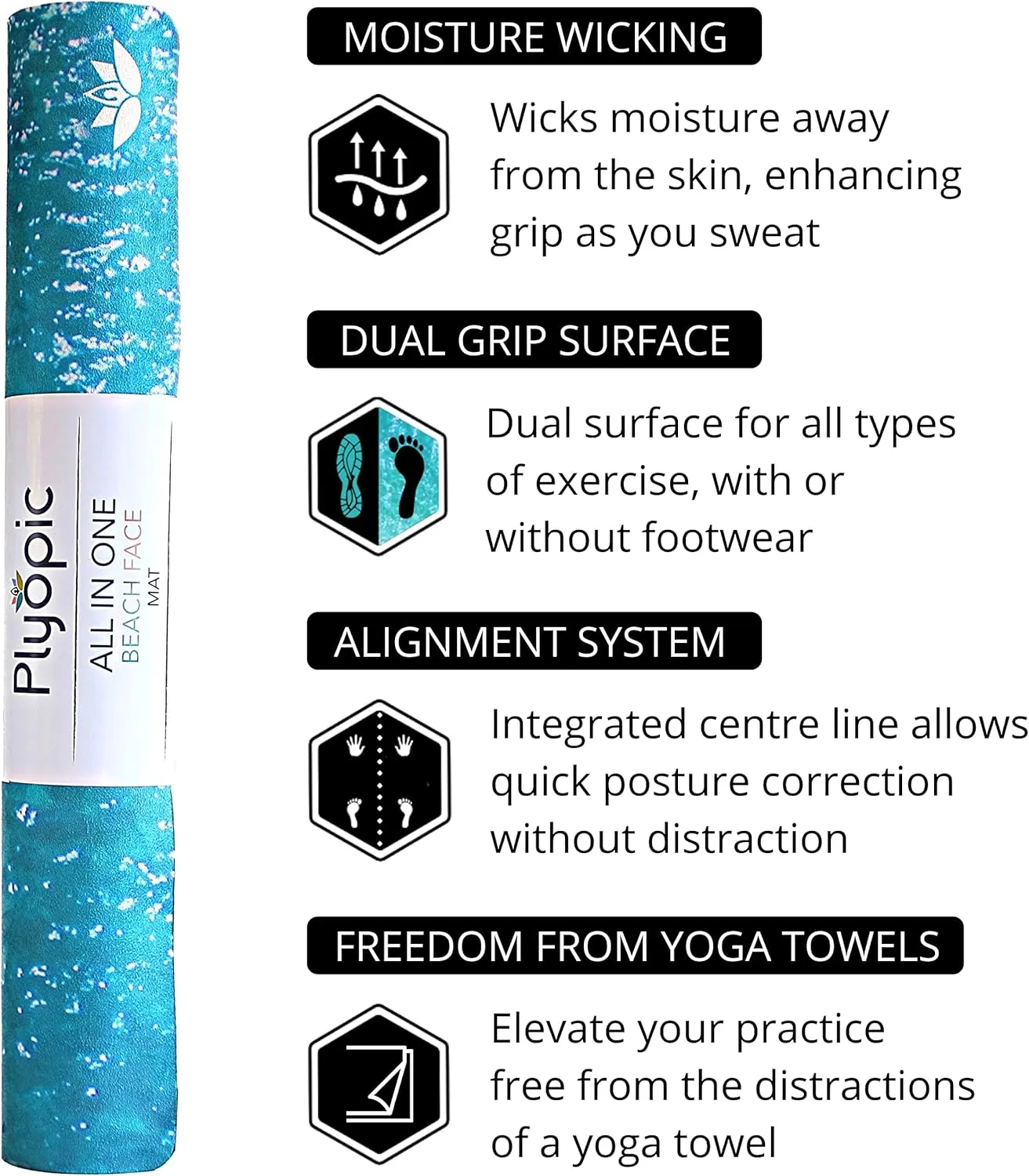 Plyopic. All In One Yoga Mat | Luxury Sweat-Grip Mat/Towel Combo | Ideal for Yoga, Hot Yoga, Bikram, Pilates, Workout & Exercise | Eco-Friendly Natural Rubber