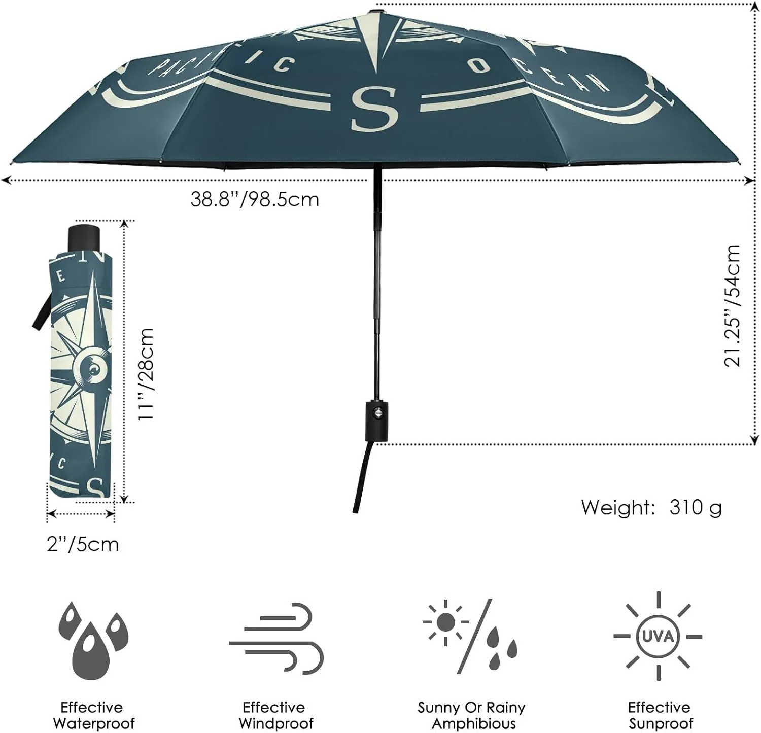 Poeticcity Automatic Folding Umbrella, Auto Open/Close Anti-UV 3 Folds Parasol, Compact Windproof Strong Umbrellas for Travel Sun & Rain