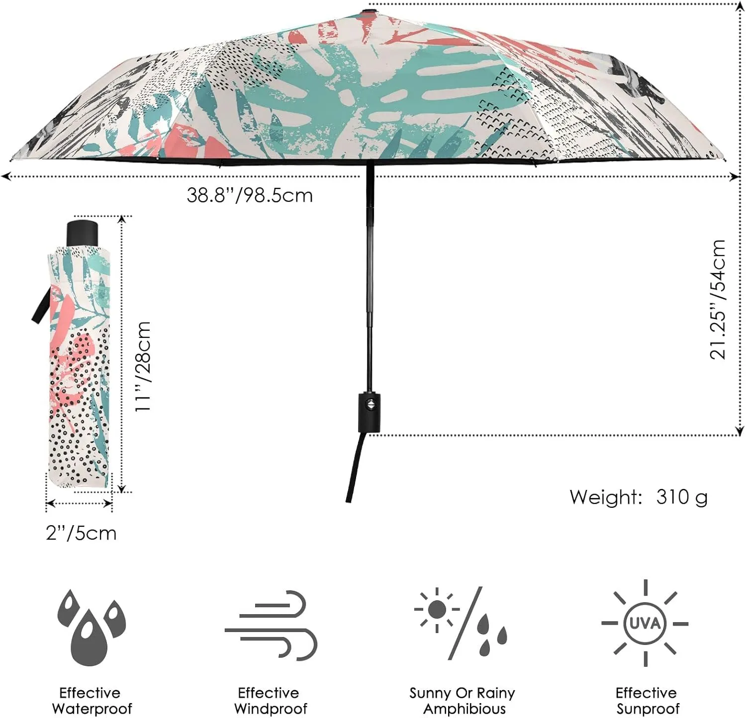 Poeticcity Automatic Folding Umbrella, Auto Open/Close Anti-UV 3 Folds Parasol, Compact Windproof Strong Umbrellas for Travel Sun & Rain